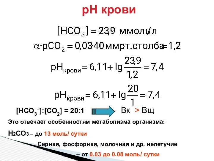 [НСО3–]:[СО2] = 20:1 Вк > Вщ Это отвечает особенностям метаболизма организма: