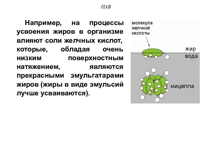 ПАВ Например, на процессы усвоения жиров в организме влияют соли желчных