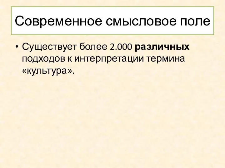 Современное смысловое поле Существует более 2.000 различных подходов к интерпретации термина «культура».