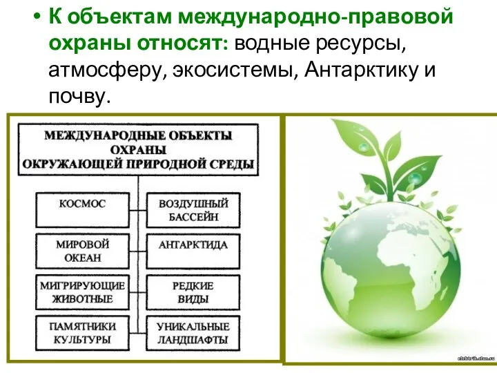 К объектам международно-правовой охраны относят: водные ресурсы, атмосферу, экосистемы, Антарктику и почву.