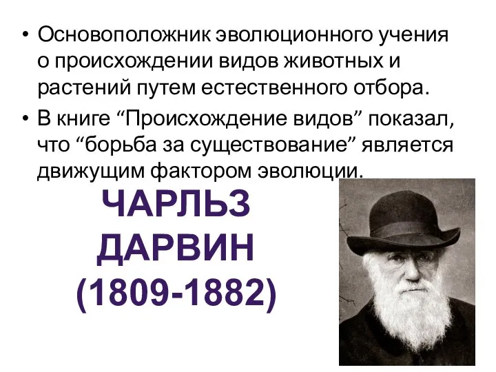 Основоположник эволюционного учения о происхождении видов животных и растений путем естественного