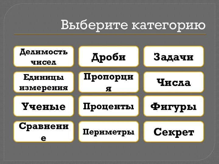 Выберите категорию Делимость чисел Дроби Задачи Единицы измерения Пропорция Числа Ученые Проценты Фигуры Сравнение Периметры Секрет