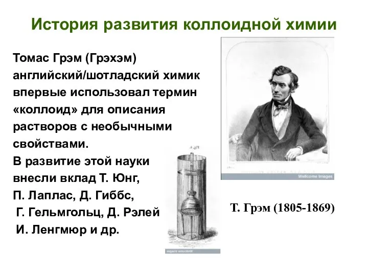 История развития коллоидной химии Томас Грэм (Грэхэм) английский/шотладский химик впервые использовал