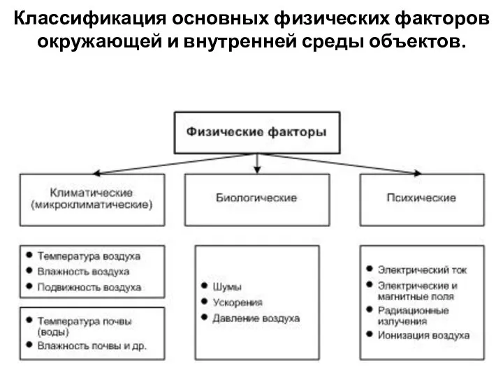 Классификация основных физических факторов окружающей и внутренней среды объектов.