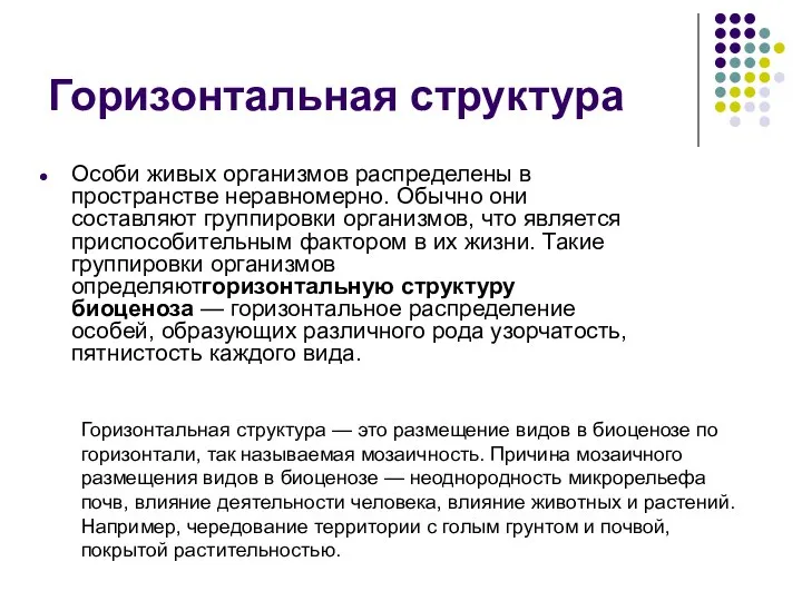 Горизонтальная структура Особи живых организмов распределены в пространстве неравномерно. Обычно они