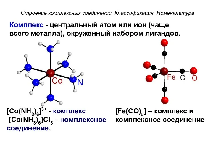 [Co(NH3)6]3+ - комплекс [Co(NH3)6]Cl3 – комплексное соединение. Комплекс - центральный атом