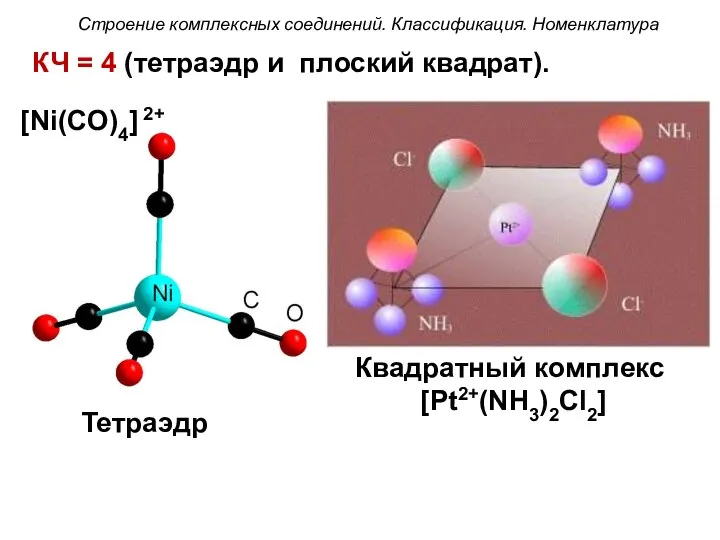Квадратный комплекс [Pt2+(NH3)2Cl2] КЧ = 4 (тетраэдр и плоский квадрат). Строение
