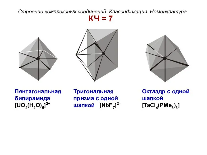 КЧ = 7 Пентагональная бипирамида [UO2(H2O)5]2+ Тригональная призма с одной шапкой