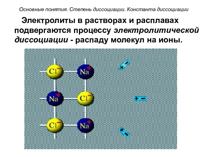 Электролиты в растворах и расплавах подвергаются процессу электролитической диссоциации - распаду