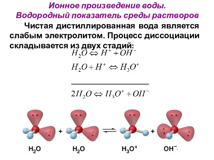 Ионное произведение воды. Водородный показатель среды растворов Чистая дистиллированная вода является
