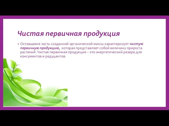 Чистая первичная продукция Оставшаяся часть созданной органической массы характеризует чистую первичную