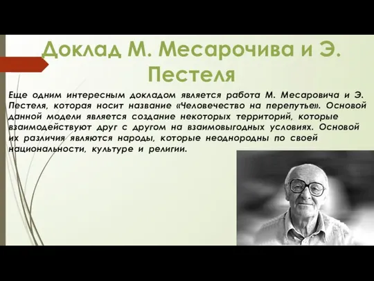 Еще одним интересным докладом является работа М. Месаровича и Э. Пестеля,