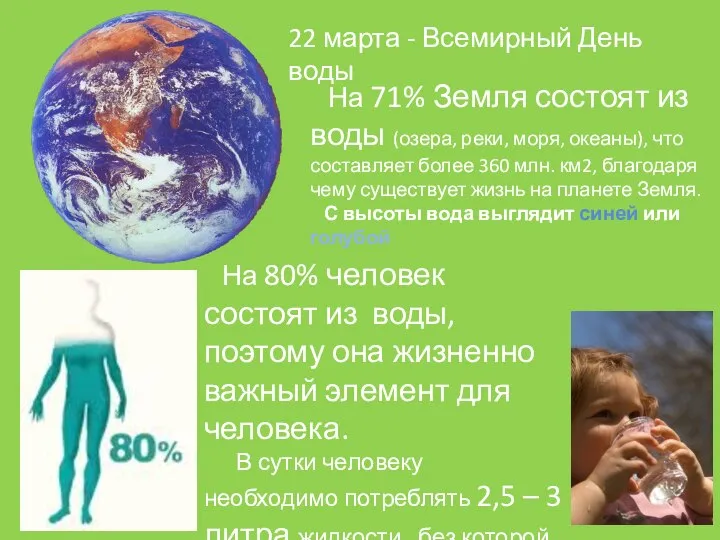 На 71% Земля состоят из воды (озера, реки, моря, океаны), что