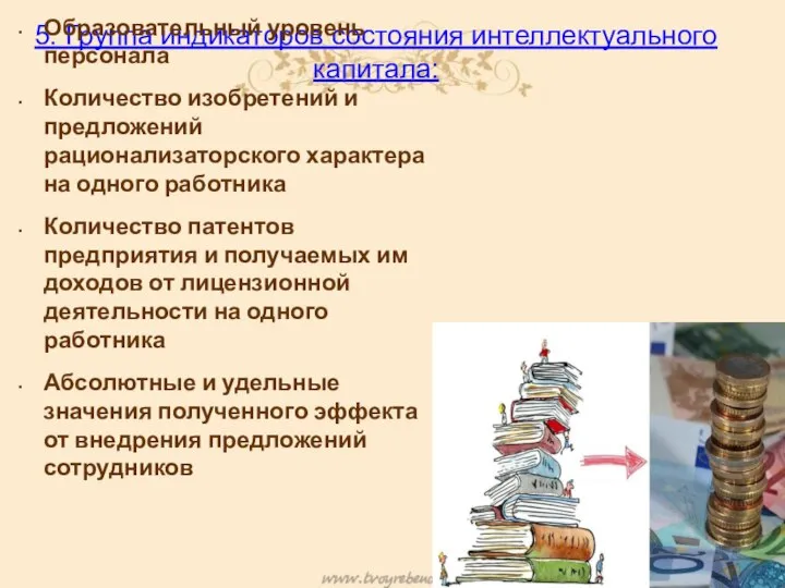 5. Группа индикаторов состояния интеллектуального капитала: Образовательный уровень персонала Количество изобретений