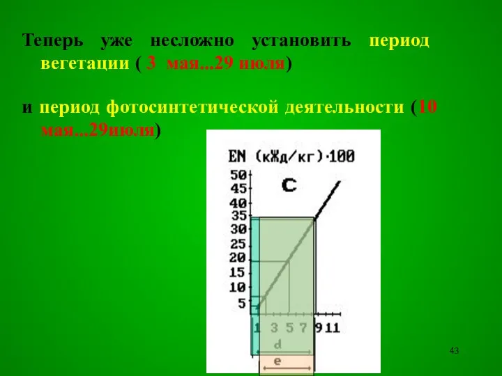 Теперь уже несложно установить период вегетации ( 3 мая...29 июля) и период фотосинтетической деятельности (10 мая...29июля)