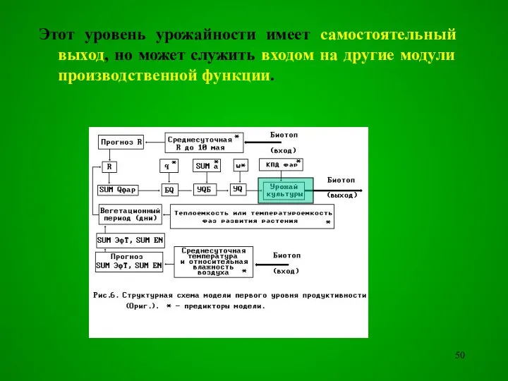 Этот уровень урожайности имеет самостоятельный выход, но может служить входом на другие модули производственной функции.