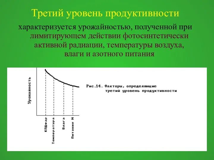 Третий уровень продуктивности характеризуется урожайностью, полученной при лимитирующем действии фотосинтетически активной