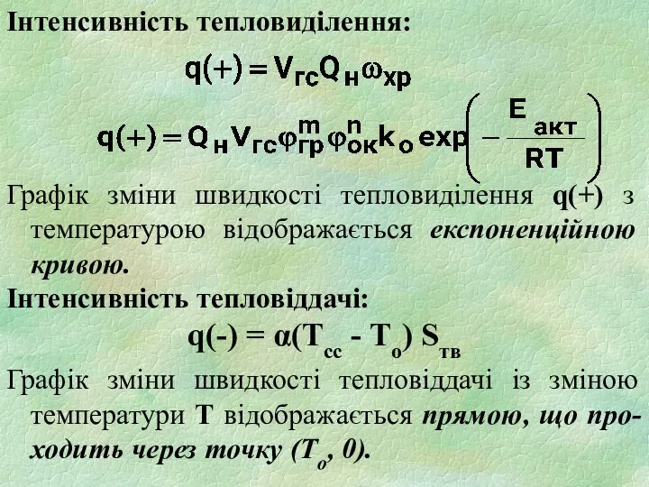 Інтенсивність тепловиділення: Графік зміни швидкості тепловиділення q(+) з температурою відображається експоненційною