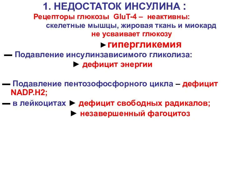 1. НЕДОСТАТОК ИНСУЛИНА : Рецепторы глюкозы GluT-4 – неактивны: скелетные мышцы,