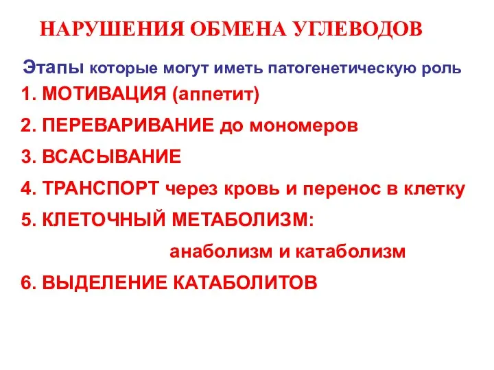 НАРУШЕНИЯ ОБМЕНА УГЛЕВОДОВ Этапы которые могут иметь патогенетическую роль 1. МOTИВАЦИЯ