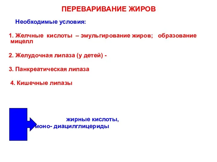 ПЕРЕВАРИВАНИЕ ЖИРОВ Необходимые условия: 1. Желчные кислоты – эмульгирование жиров; образование