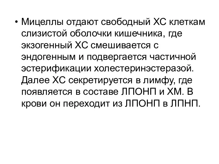 Мицеллы отдают свободный ХС клеткам слизистой оболочки кишечника, где экзогенный ХС