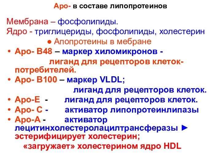 Аро- в составе липопротеинов Мембрана – фосфолипиды. Ядро - триглицериды, фосфолипиды,