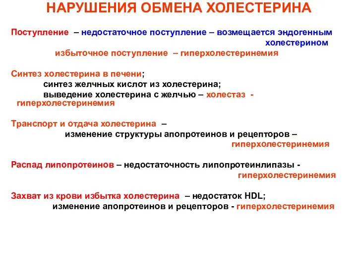 НАРУШЕНИЯ ОБМЕНА ХОЛЕСТЕРИНА Поступление – недостаточное поступление – возмещается эндогенным холестерином