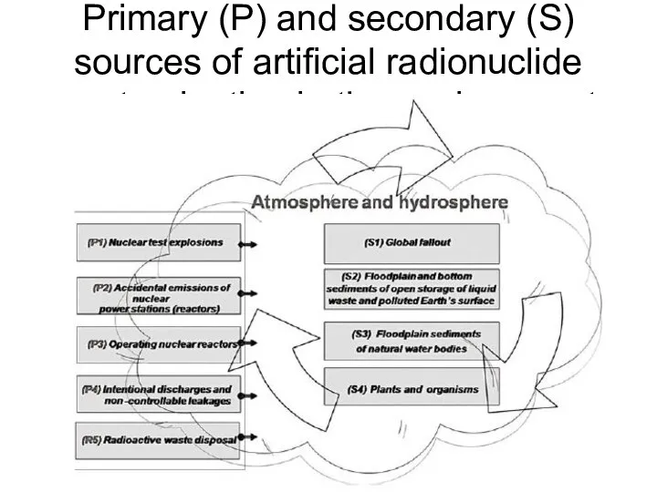 Primary (P) and secondary (S) sources of artificial radionuclide contamination in the environment