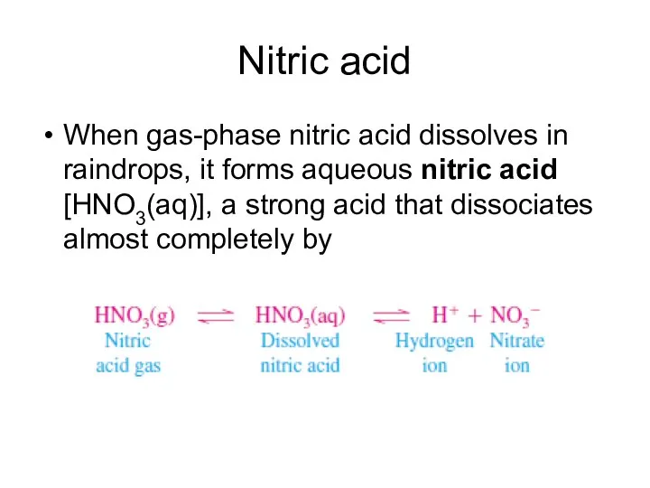 Nitric acid When gas-phase nitric acid dissolves in raindrops, it forms