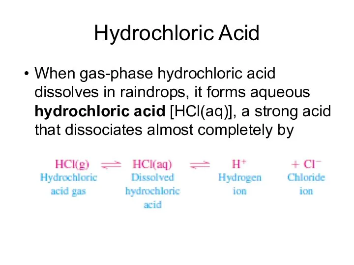 Hydrochloric Acid When gas-phase hydrochloric acid dissolves in raindrops, it forms