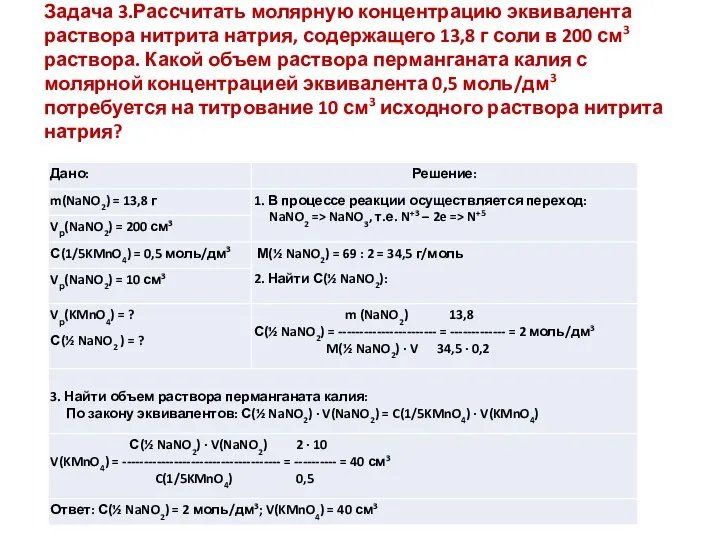 Задача 3.Рассчитать молярную концентрацию эквивалента раствора нитрита натрия, содержащего 13,8 г