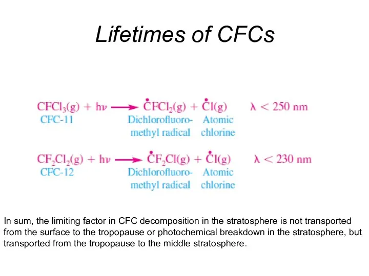 Lifetimes of CFCs In sum, the limiting factor in CFC decomposition