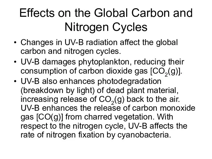 Effects on the Global Carbon and Nitrogen Cycles Changes in UV-B