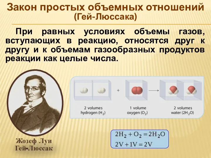 При равных условиях объемы газов, вступающих в реакцию, относятся друг к