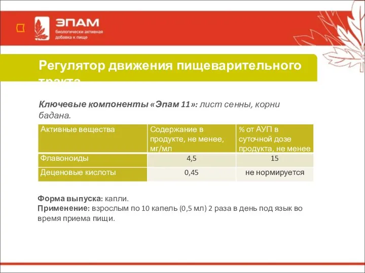 Регулятор движения пищеварительного тракта Ключевые компоненты «Эпам 11»: лист сенны, корни