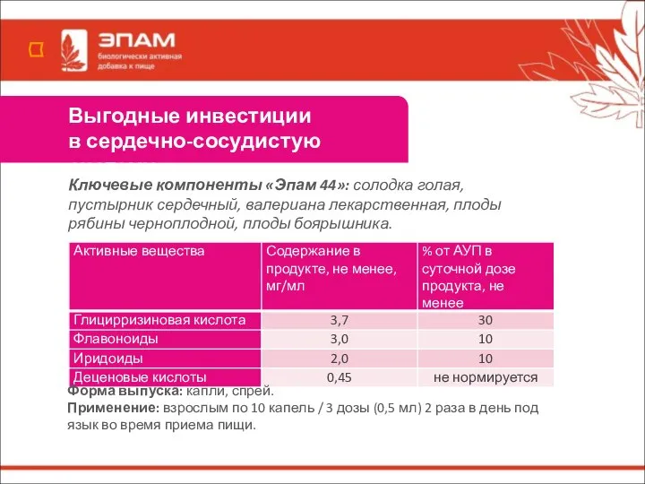 Ключевые компоненты «Эпам 44»: солодка голая, пустырник сердечный, валериана лекарственная, плоды