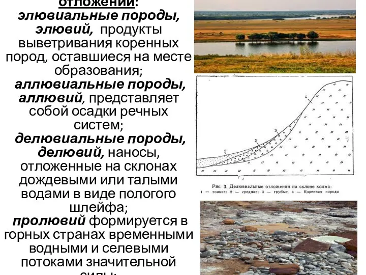 Типы четвертичных отложений: элювиальные породы, элювий, продукты выветривания коренных пород, оставшиеся