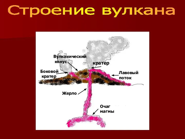 Строение вулкана Вулканический конус Очаг магмы Лавовый поток Боковой кратер Жерло кратер