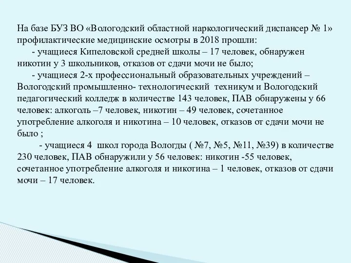 На базе БУЗ ВО «Вологодский областной наркологический диспансер № 1» профилактические