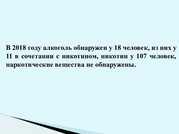 В 2018 году алкоголь обнаружен у 18 человек, из них у