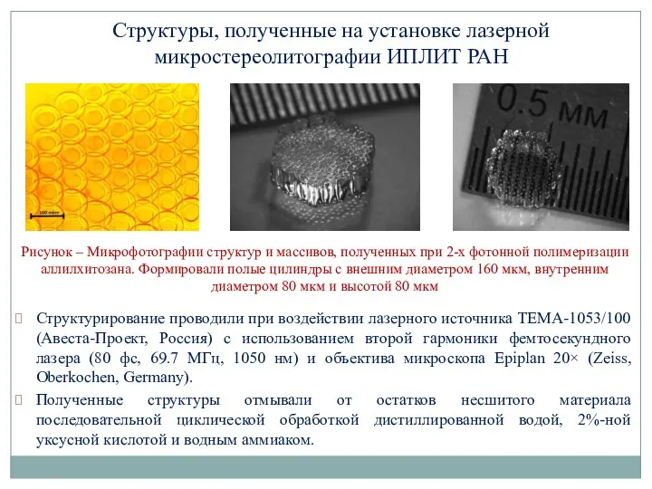 Структуры, полученные на установке лазерной микростереолитографии ИПЛИТ РАН Структурирование проводили при