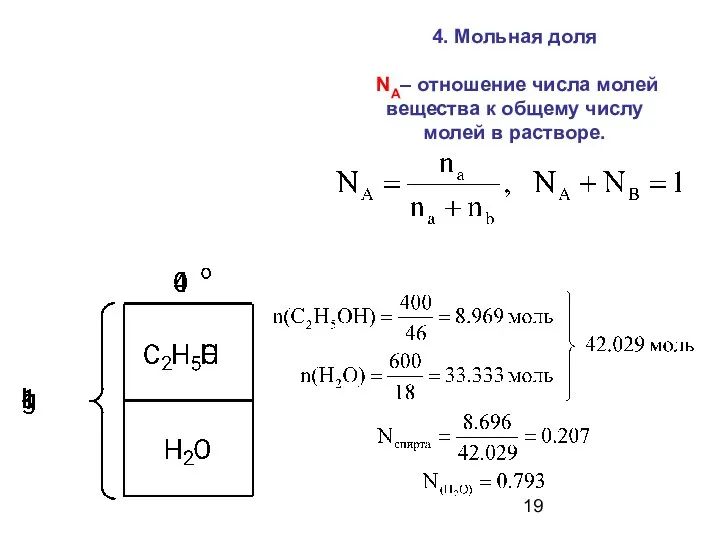 4. Мольная доля NA– отношение числа молей вещества к общему числу молей в растворе.