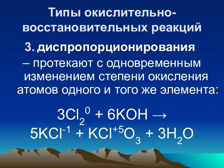 Типы окислительно-восстановительных реакций диспропорционирования – протекают с одновременным изменением степени окисления