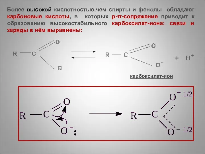 карбоксилат-ион Более высокой кислотностью,чем спирты и фенолы обладают карбоновые кислоты, в