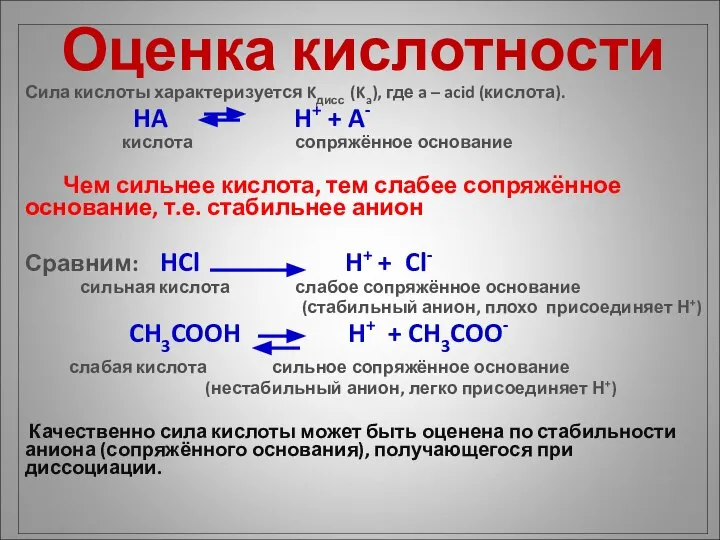 Оценка кислотности Сила кислоты характеризуется Kдисс (Ka), где a – acid