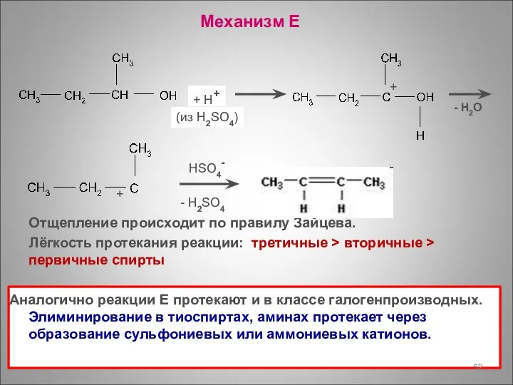 Механизм Е Отщепление происходит по правилу Зайцева. Лёгкость протекания реакции: третичные