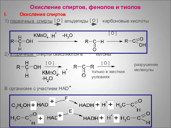 Окисление спиртов, фенолов и тиолов Окисление спиртов 1) первичные спирты альдегиды