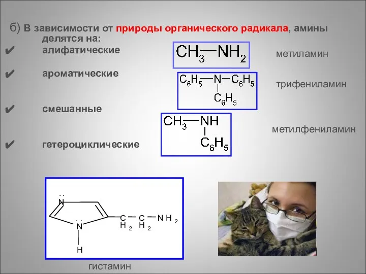 б) В зависимости от природы органического радикала, амины делятся на: алифатические