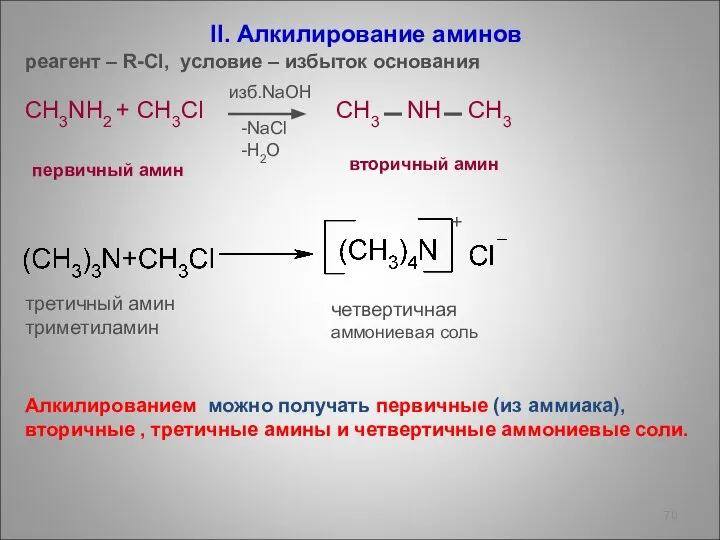 II. Алкилирование аминов реагент – R-Cl, условие – избыток основания CH3NH2